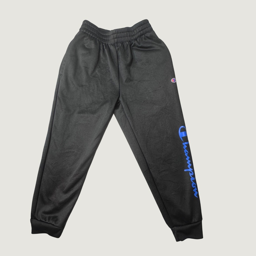 Champion Joggers Boys 6/7 Black Athletic Pants Blue Script Logo Pockets Active
